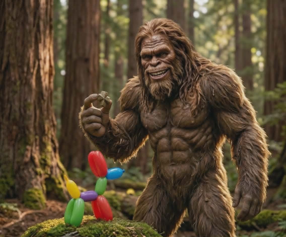 Sasquatch showing an authentic Fannin County Staurolite fairy cross to a balloon dog